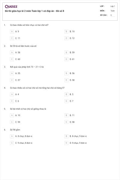 Đề thi giữa học kì 2 môn Toán lớp 1 có đáp án - Đề số 8