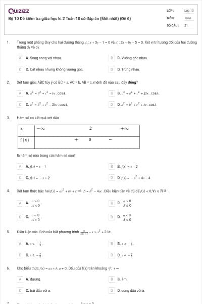 Bộ 10 Đề kiểm tra giữa học kì 2 Toán 10 có đáp án (Mới nhất) (Đề 6)