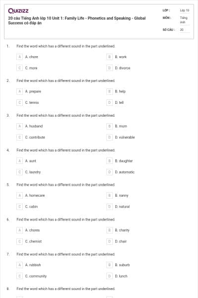 20 câu Tiếng Anh lớp 10 Unit 1: Family Life - Phonetics and Speaking - Global Success có đáp án