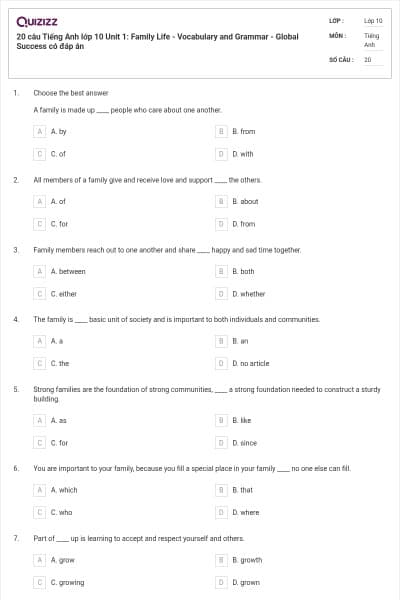 20 câu Tiếng Anh lớp 10 Unit 1: Family Life - Vocabulary and Grammar - Global Success có đáp án