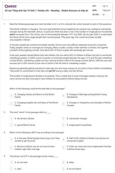 20 câu Tiếng Anh lớp 10 Unit 1: Family Life - Reading - Global Success có đáp án
