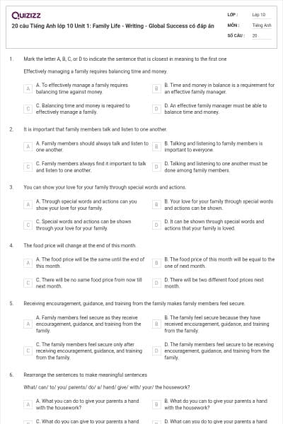 20 câu Tiếng Anh lớp 10 Unit 1: Family Life - Writing - Global Success có đáp án