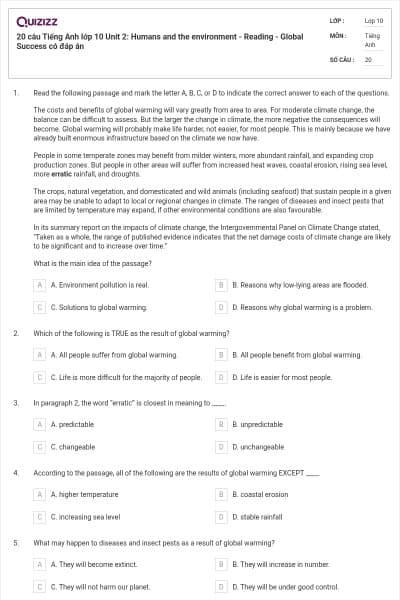 20 câu Tiếng Anh lớp 10 Unit 2: Humans and the environment - Reading - Global Success có đáp án