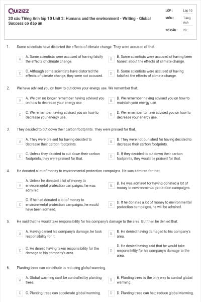 20 câu Tiếng Anh lớp 10 Unit 2: Humans and the environment - Writing - Global Success có đáp án