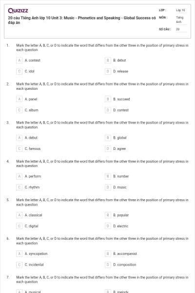 20 câu Tiếng Anh lớp 10 Unit 3: Music - Phonetics and Speaking - Global Success có đáp án