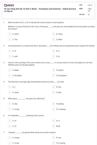 20 câu Tiếng Anh lớp 10 Unit 3: Music - Vocabulary and Grammar - Global Success có đáp án