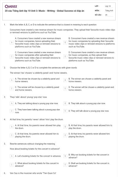 20 câu Tiếng Anh lớp 10 Unit 3: Music - Writing - Global Success có đáp án