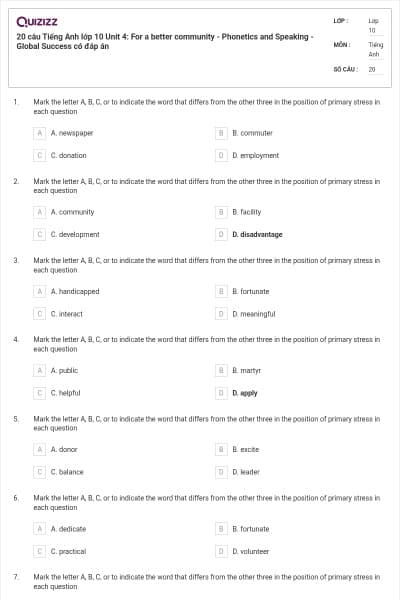 20 câu Tiếng Anh lớp 10 Unit 4: For a better community - Phonetics and Speaking - Global Success có đáp án