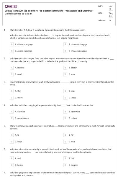 20 câu Tiếng Anh lớp 10 Unit 4: For a better community - Vocabulary and Grammar - Global Success có đáp án