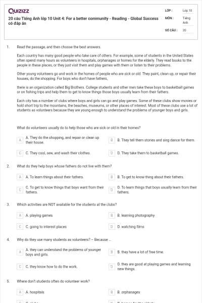 20 câu Tiếng Anh lớp 10 Unit 4: For a better community - Reading - Global Success có đáp án