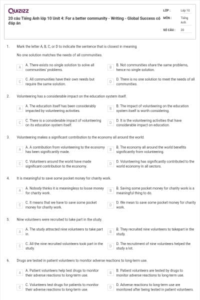 20 câu Tiếng Anh lớp 10 Unit 4: For a better community - Writing - Global Success có đáp án