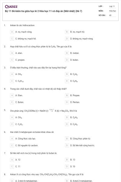Bộ 11 Đề kiểm tra giữa học kì 2 Hóa học 11 có đáp án (Mới nhất) (Đề 7)