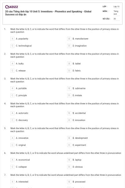 20 câu Tiếng Anh lớp 10 Unit 5: Inventions - Phonetics and Speaking - Global Success có đáp án