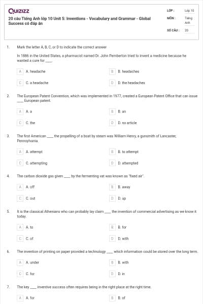 20 câu Tiếng Anh lớp 10 Unit 5: Inventions - Vocabulary and Grammar - Global Success có đáp án