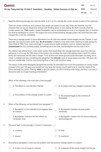 20 câu Tiếng Anh lớp 10 Unit 5: Inventions - Reading - Global Success có đáp án
