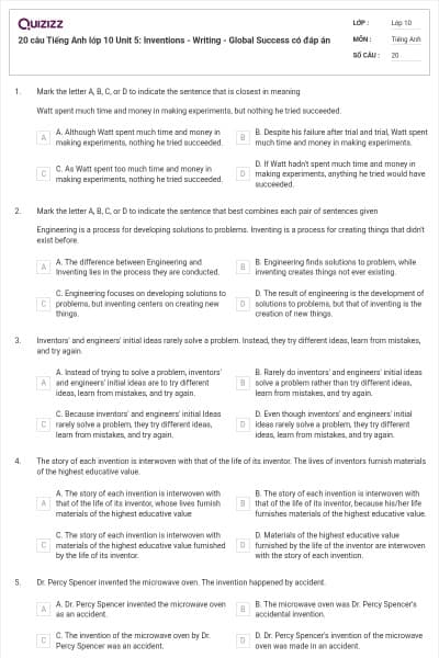 20 câu Tiếng Anh lớp 10 Unit 5: Inventions - Writing - Global Success có đáp án