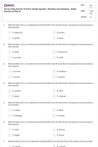 20 câu Tiếng Anh lớp 10 Unit 6: Gender Equality - Phonetics and Speaking - Global Success có đáp án