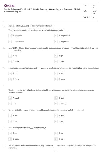 20 câu Tiếng Anh lớp 10 Unit 6: Gender Equality - Vocabulary and Grammar - Global Success có đáp án