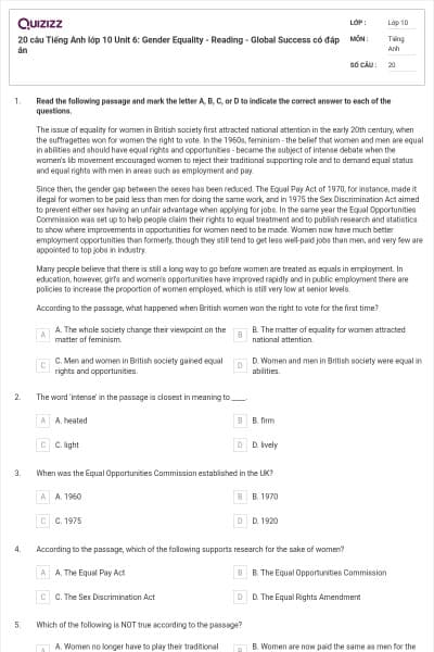 20 câu Tiếng Anh lớp 10 Unit 6: Gender Equality - Reading - Global Success có đáp án