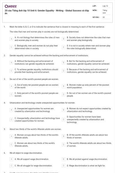 20 câu Tiếng Anh lớp 10 Unit 6: Gender Equality - Writing - Global Success có đáp án
