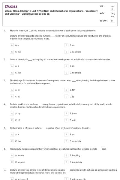 20 câu Tiếng Anh lớp 10 Unit 7: Viet Nam and international organisations - Vocabulary and Grammar - Global Success có đáp án