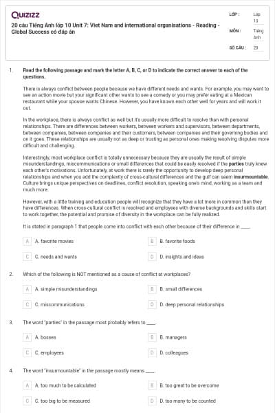 20 câu Tiếng Anh lớp 10 Unit 7: Viet Nam and international organisations - Reading - Global Success có đáp án
