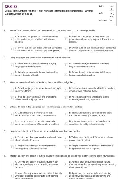 20 câu Tiếng Anh lớp 10 Unit 7: Viet Nam and international organisations - Writing - Global Success có đáp án