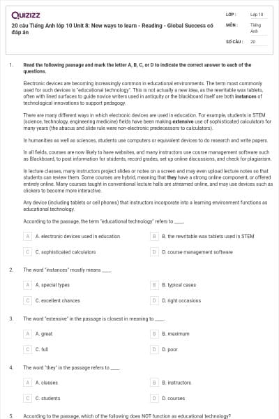 20 câu Tiếng Anh lớp 10 Unit 8: New ways to learn - Reading - Global Success có đáp án