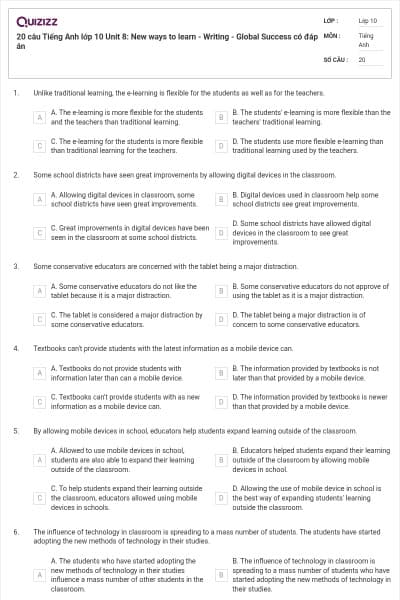 20 câu Tiếng Anh lớp 10 Unit 8: New ways to learn - Writing - Global Success có đáp án
