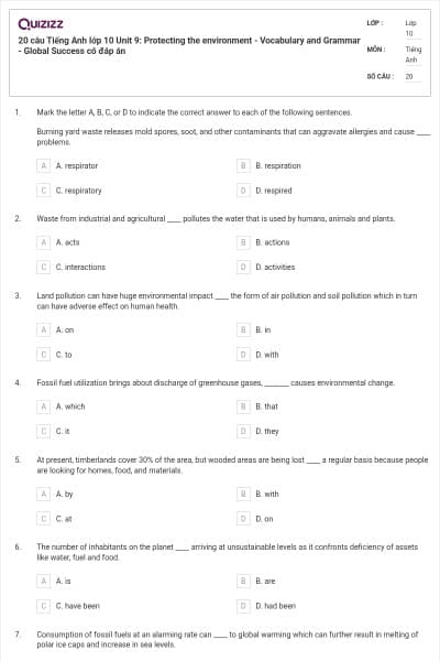 20 câu Tiếng Anh lớp 10 Unit 9: Protecting the environment - Vocabulary and Grammar - Global Success có đáp án