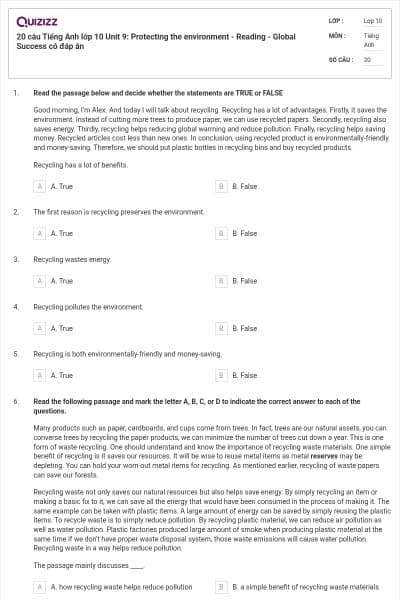 20 câu Tiếng Anh lớp 10 Unit 9: Protecting the environment - Reading - Global Success có đáp án
