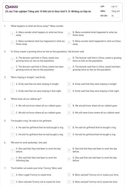 20 câu  Trắc nghiệm Tiếng anh 10 Kết nối tri thức Unit 9. D: Writing có đáp án