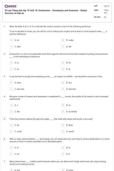 20 câu Tiếng Anh lớp 10 Unit 10: Ecotourism - Vocabulary and Grammar - Global Success có đáp án
