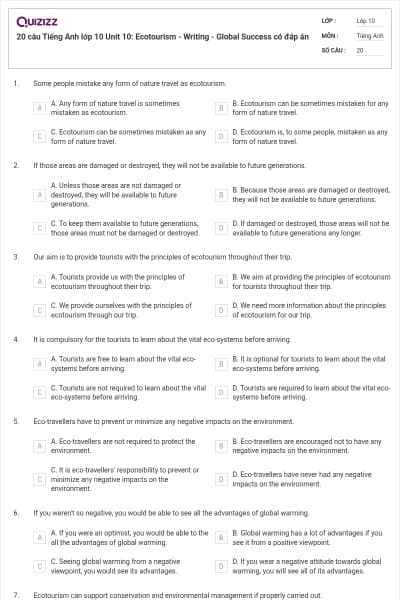 20 câu Tiếng Anh lớp 10 Unit 10: Ecotourism - Writing - Global Success có đáp án