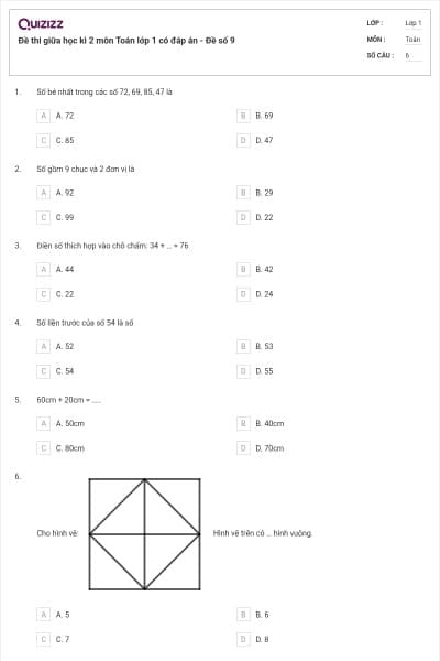 Đề thi giữa học kì 2 môn Toán lớp 1 có đáp án - Đề số 9