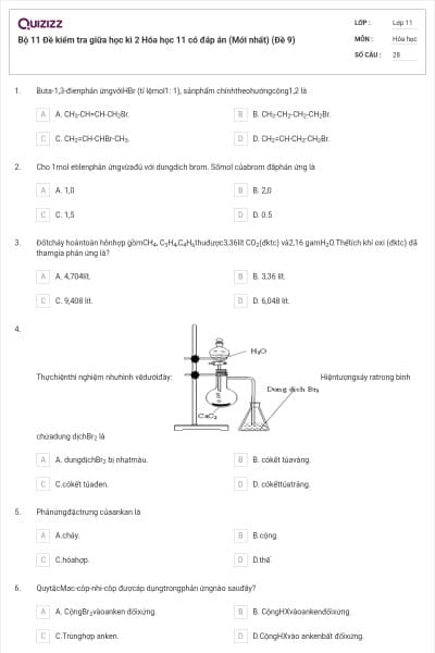Bộ 11 Đề kiểm tra giữa học kì 2 Hóa học 11 có đáp án (Mới nhất) (Đề 9)