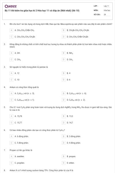 Bộ 11 Đề kiểm tra giữa học kì 2 Hóa học 11 có đáp án (Mới nhất) (Đề 10)