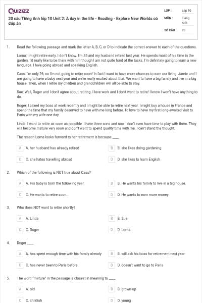 20 câu Tiếng Anh lớp 10 Unit 2: A day in the life - Reading - Explore New Worlds có đáp án