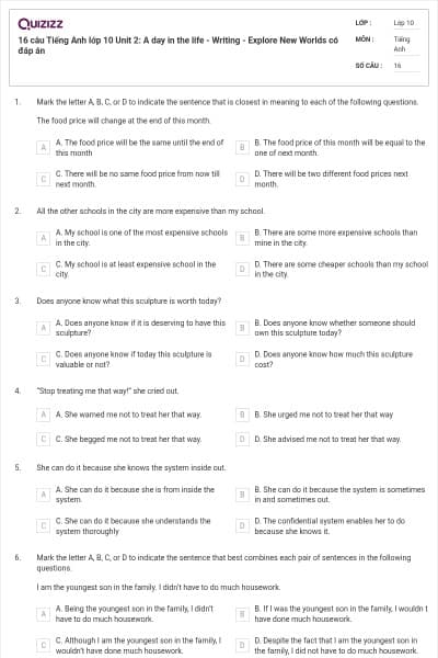 16 câu Tiếng Anh lớp 10 Unit 2: A day in the life - Writing - Explore New Worlds có đáp án