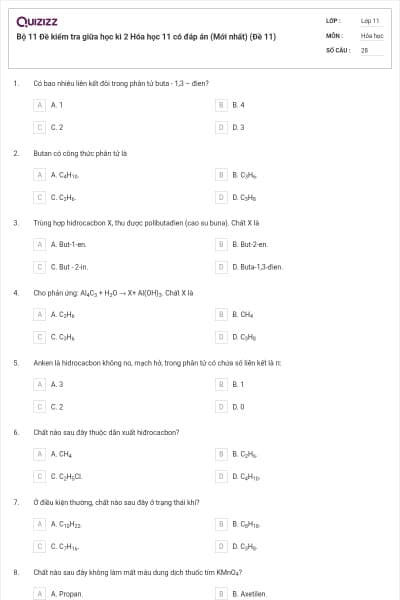 Bộ 11 Đề kiểm tra giữa học kì 2 Hóa học 11 có đáp án (Mới nhất) (Đề 11)