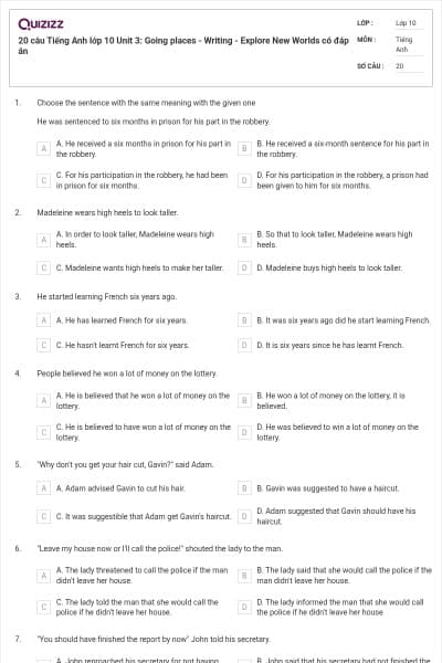 20 câu Tiếng Anh lớp 10 Unit 3: Going places - Writing - Explore New Worlds có đáp án