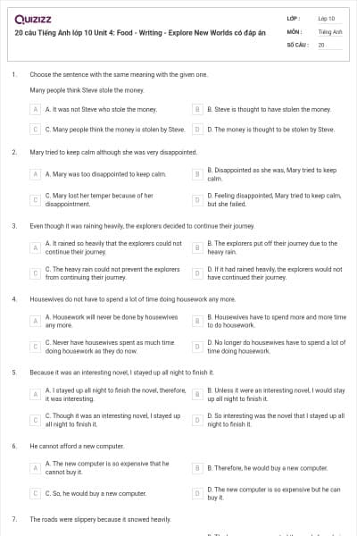 20 câu Tiếng Anh lớp 10 Unit 4: Food - Writing - Explore New Worlds có đáp án