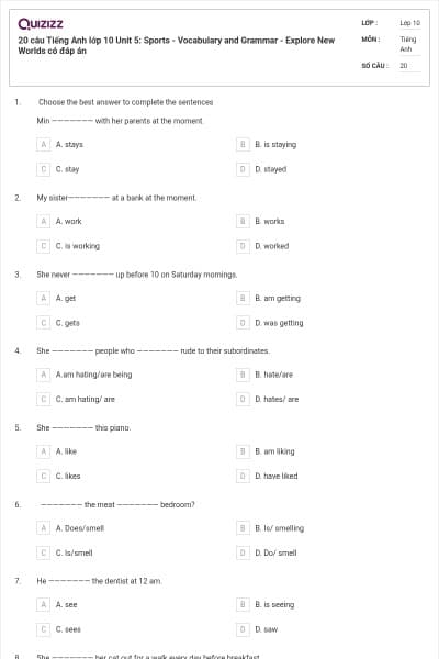 20 câu Tiếng Anh lớp 10 Unit 5: Sports - Vocabulary and Grammar - Explore New Worlds có đáp án