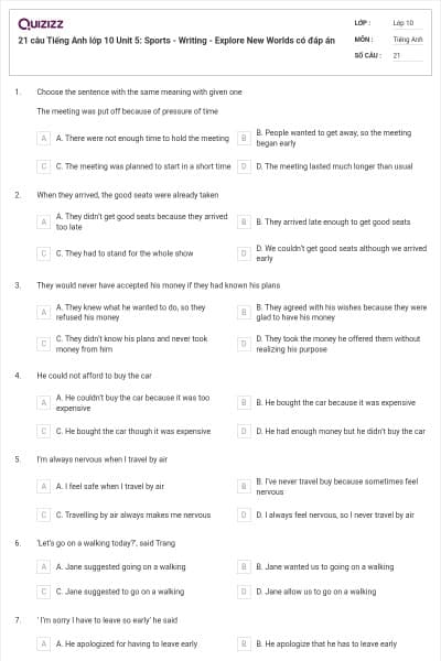 21 câu Tiếng Anh lớp 10 Unit 5: Sports - Writing - Explore New Worlds có đáp án