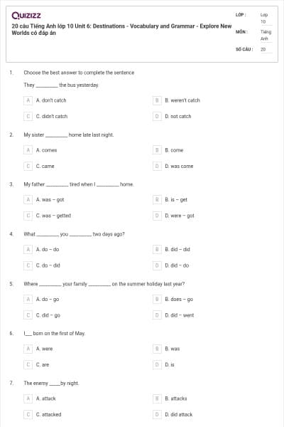 20 câu Tiếng Anh lớp 10 Unit 6: Destinations - Vocabulary and Grammar - Explore New Worlds có đáp án