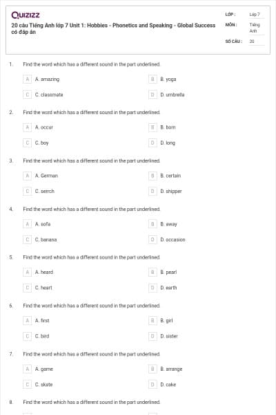 20 câu Tiếng Anh lớp 7 Unit 1: Hobbies - Phonetics and Speaking - Global Success có đáp án