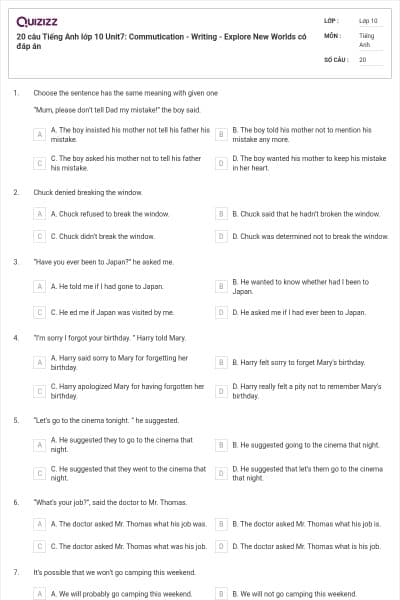 20 câu Tiếng Anh lớp 10 Unit7: Commutication - Writing - Explore New Worlds có đáp án