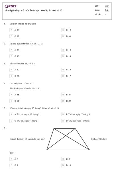 Đề thi giữa học kì 2 môn Toán lớp 1 có đáp án - Đề số 10