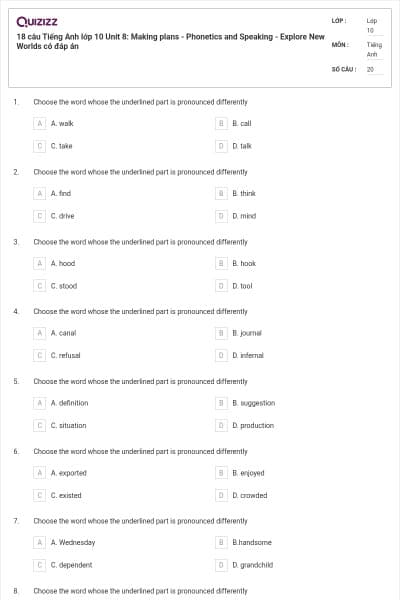 18 câu Tiếng Anh lớp 10 Unit 8: Making plans - Phonetics and Speaking - Explore New Worlds có đáp án