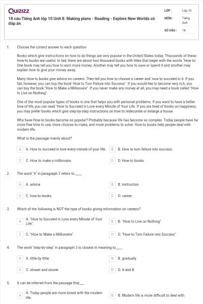 18 câu Tiếng Anh lớp 10 Unit 8: Making plans - Reading - Explore New Worlds có đáp án
